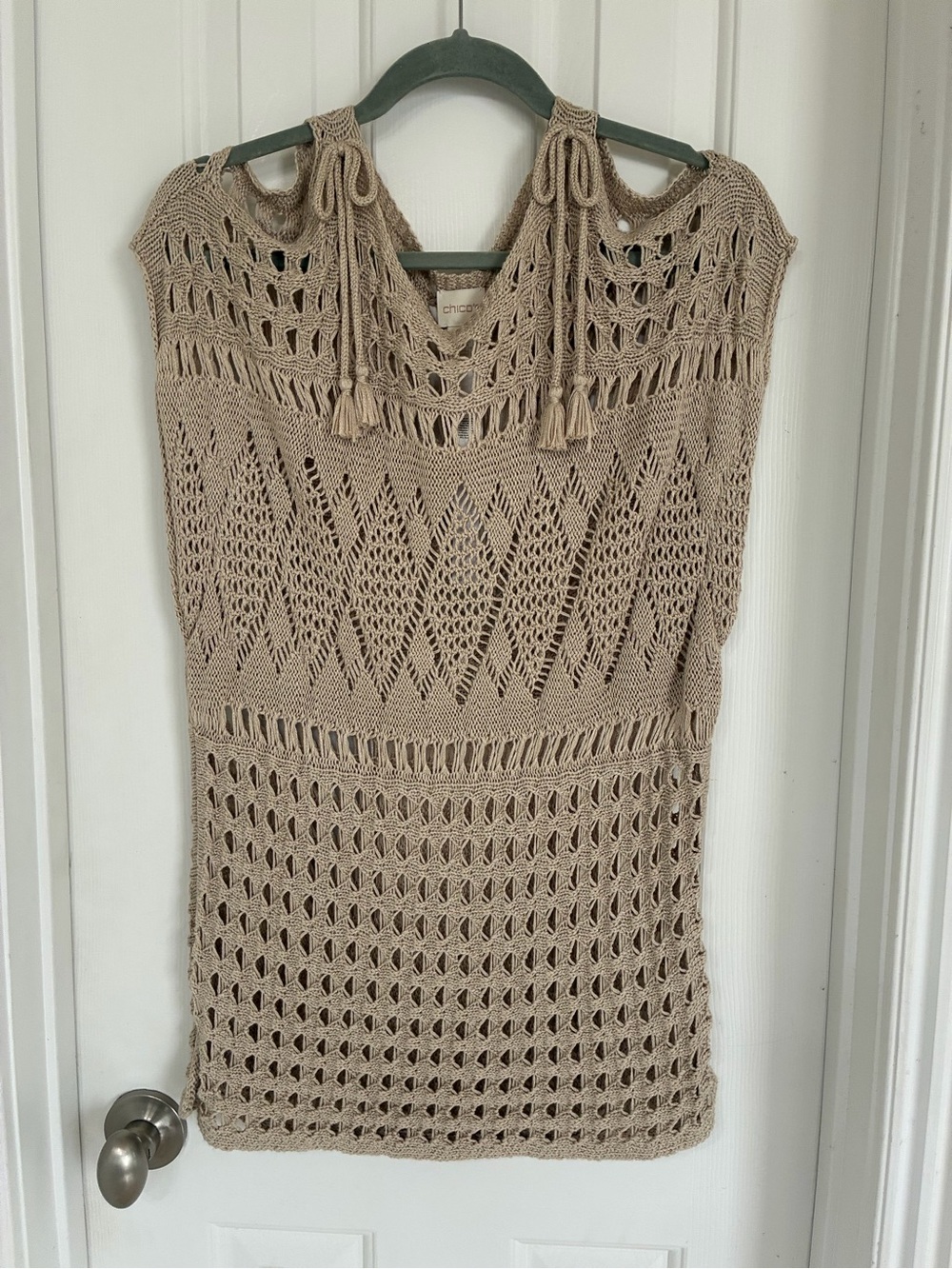 Chico's Taupe Crochet Swim Cover-Up with Tassel Tie